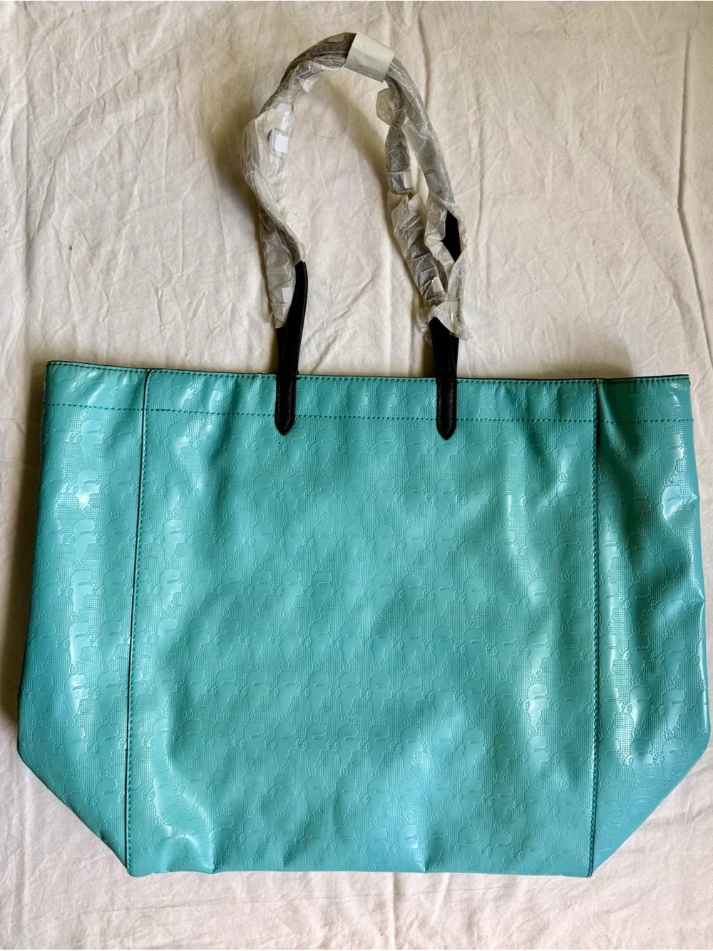 Karl Lagerfeld Light Teal Patent Tote with Black Leather Handles